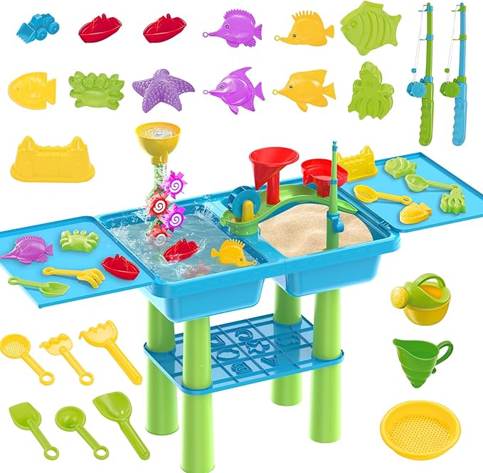 deAO Water Table for Toddlers 3-5, Kids Play Water 2 in 1 Sand and Water Table with 2 Fishing Pool Toys, Summer Outdoor Pool Backyard Toys,Birthday Party Gifts for Boys Girls(Blue)