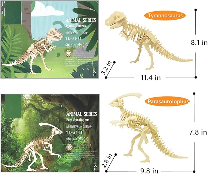 3D Wooden Dinosaur Puzzle - 6 Piece Set Wood Dinosaur Skeleton Model Puzzle - DIY Wooden Crafts 3D Puzzle - STEM Toys Gifts for Kids and Adults