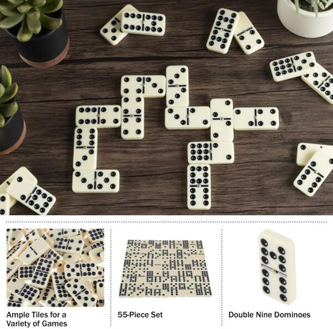 Premium Set of 55 Double Nine Dominoes with Wood Case, Brown