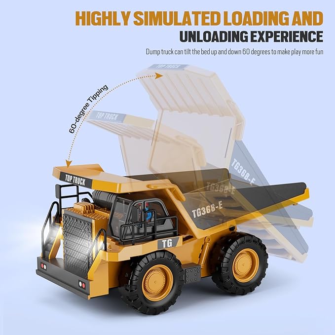 RC Dump Truck Toy, 9-Channel Remote Control Toy with Metal Bed & Light, Rechargeable Battery, Kids Construction Vehicle Truck for 3+ Boys, Perfect 2024 Kid Birthday Gift for Ages 3-12