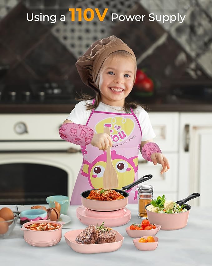 Kid Cooking Sets Real Mini Kitchen, Food Making for Beginner Children 8 9 10 11 12 Boys Girls Cooking Educational Toys, Junior Easy Safe MontessoriTools Dishes Knife Set-Pink