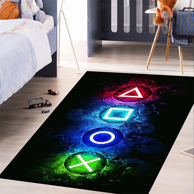 Video Game Controller Gamepad Home Decor Printed Large Area Rugs for Teen Boys Kids Play Bedroom, Black Polyester Fiber Floor Carpet Yoga Mat for Living Room