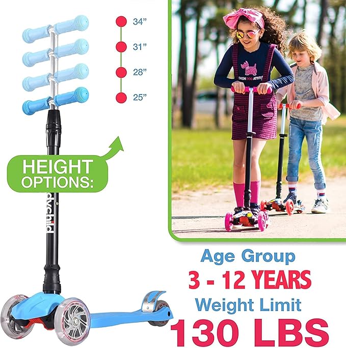 Kids Kick Scooter, 3 Wheeled Scooter for Kids, Child/Toddlers Toy, Adjustable Height, Anti-Slip Deck, Flashing Wheel Lights, for Boys/Girls 3-12 Year Old