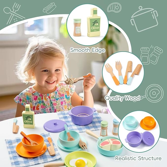 Wooden Kitchen Toys for Toddlers, Montessori Pretend Play Kitchen Accessories, Play Food Sets for Kids Kitchen, Pots and Pans Cooking Sets, Gifts for 3 4 5 Years Old Girls Boys
