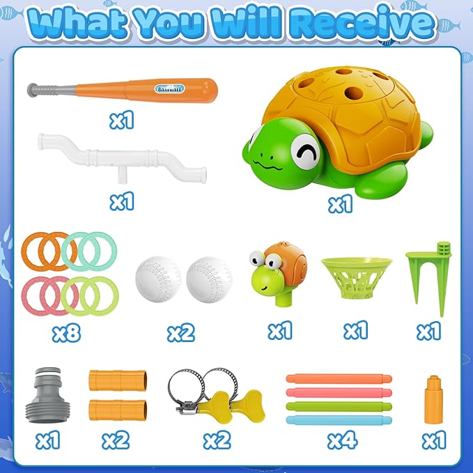4-in-1 Turtle Water Sprinkler Toys for Kids - Summer Oudoor Toy with Baseball Ringtoss Tubes - Outside Yard Lawn Backyard Park Garden Pool Games for Age 3 4 5 6 7 8 Year Old Toddlers Boys Girls Gifts