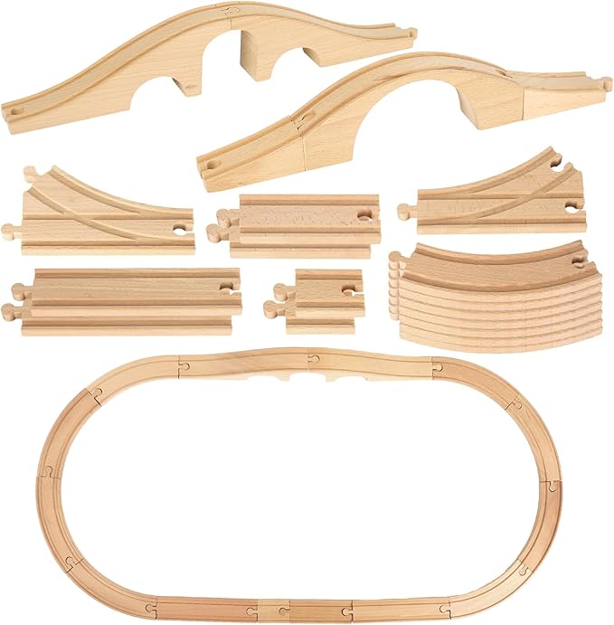 24Pcs Wood Train Track Expansion Set - Wooden Train Track Connectors & Adapters - Train Bridges & Straight Tracks - Accessories for Most Major Toy Trains - Railway