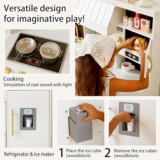 Wooden Play Kitchen for Kids with Various Interactive Kids Kitchen Toy Features and 19 Fun Toddler Kitchen Accessories, Toy Kitchen Playset for 3+ Boys and Girls