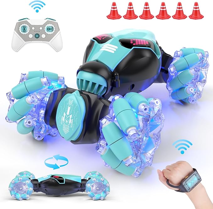 Powerextra LED Gesture RC Car, 4WD Hand Controlled Sensor RC Stunt Car for Age 8+ Year Old Boys & Girls, Double Sided 360° Flips Off Road Remote Control Vehicle Toy with Lights & Music, Sensing Toy