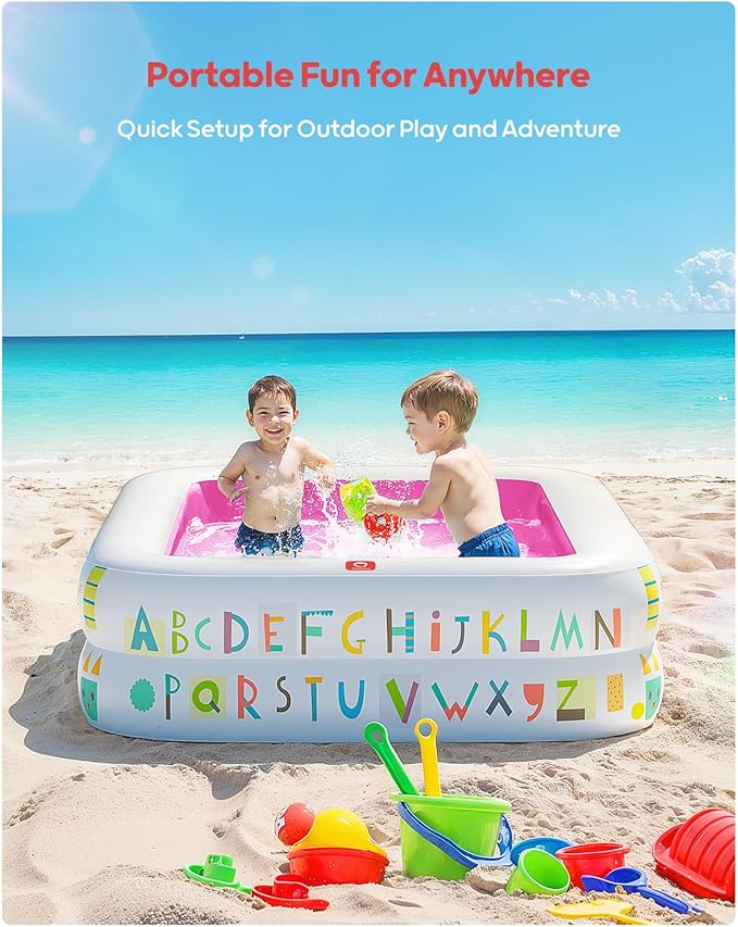 QPAU Kiddie Pool – 65" x 39" Inflatable Pool for Kids & Toddlers, Ball Pit & Baby Pool with Soft Floor, Educational Alphabet & Number, Durable Outdoor Play Toys for Backyard & Indoor Fun (Pink)