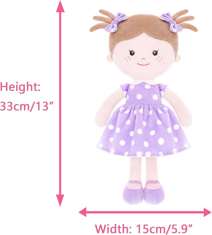 Onetoo Plush Rag Doll First Baby Doll Soft Baby Doll Sleeping Cuddle Buddy Doll for Girls Wear Purple Polka Dot Dress 14"(Milly Series)