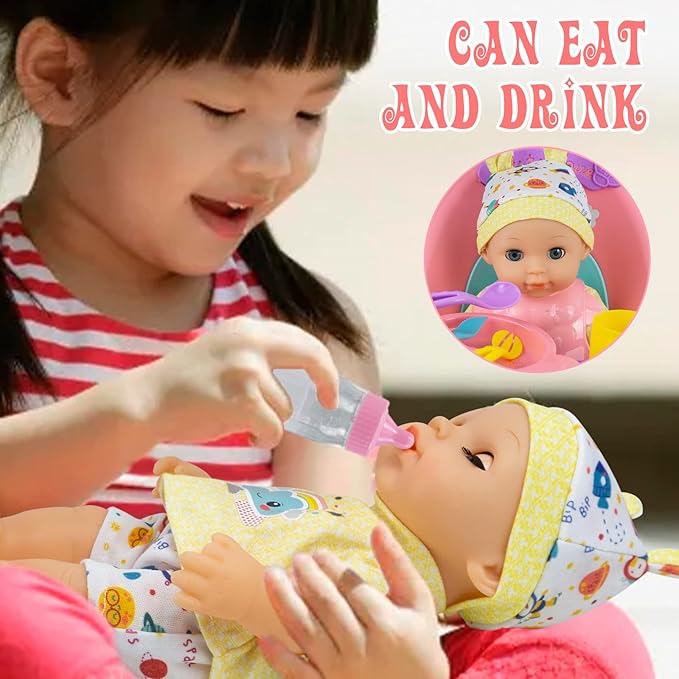 RedCrab Baby Doll Toys Set, Newborn Dolls PlaySet with High Chair Stroller Feeding,Tableware Set and Doll Clothes Accessories, 15+ pcs Toddler Pretend Play Gift Toys for Girls - 12" Dolls