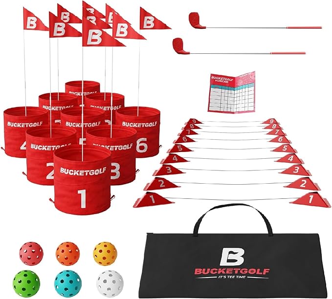 bucketgolf Game 9 Hole Bundle with Clubs - Outdoor Golf Game for All Ages Adults, Kids, Family. Play Golf Anywhere Yards, Beach, Park, Backyard Game. (2 Clubs (2 RH))