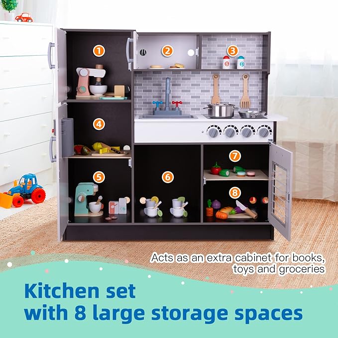 TOOKYLAND Kids Kitchen Playset, Wooden Chef Play Kitchen for Toddler with Sink, Oven, Range Hood, Stove, ice Maker and Microwave, Ideal Toddler Toys for as Present