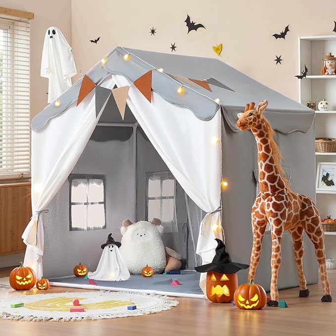 Besrey 2-in-1 Kids Playhouse with Padded Mat and Lights, Large Play Tent with 2 Doors & 4 Windows, Indoor & Outdoor, Toddler Tent, 51" x 35" x 51" (Gray)