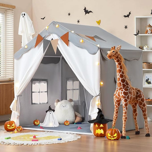 Besrey 2-in-1 Kids Playhouse with Padded Mat and Lights, Large Play Tent with 2 Doors & 4 Windows, Indoor & Outdoor, Toddler Tent, 51" x 35" x 51" (Gray)