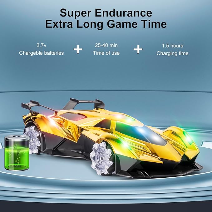 SASBSC Remote Control Car Toy for Boys Age 8-12, 1:12 Scale Gold Lambo Toy with 360°Rotating Drifts Colorful Lights、Spray& Musics, Speed 10-12km/h RC Race Toy Car for Boys Girls Birthday
