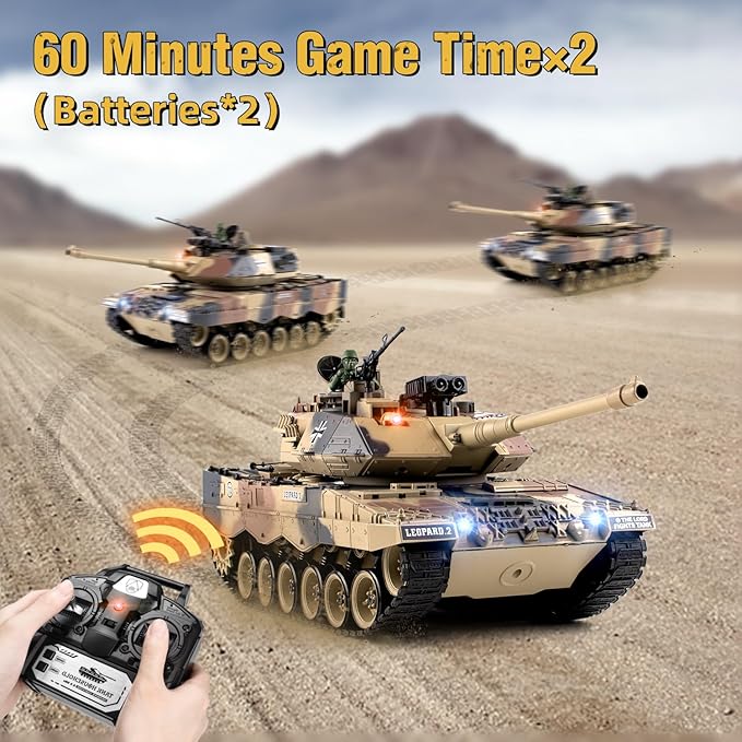 1:18 RC Tank, 2.4Ghz German Leopard II Remote Control Model Toys, RC Vehicle Tank That Shoots BBS and Water Bombs for Adults and Kids, Military Army Toys with Smoke, Lights, Sound and Recoil