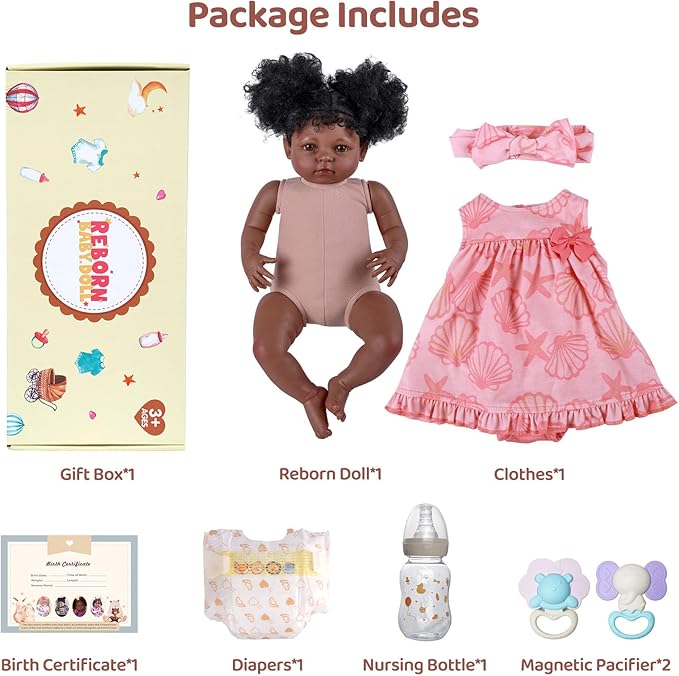 BABESIDE Lifelike Reborn Baby Dolls Black Girl AMA - 20 Inch Soft Body Realistic Baby Doll Handmade Real Life Toddler Black Baby Dolls with Clothes and Toy Gift for Kids Age 3+