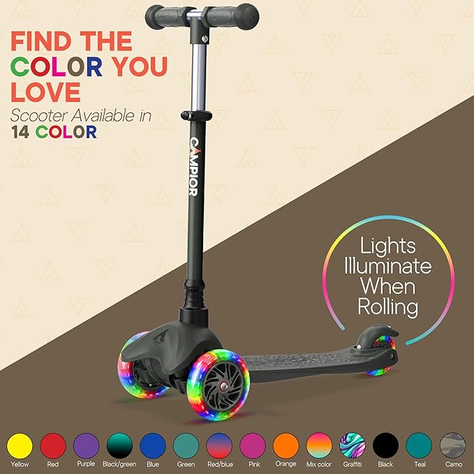 Black Mini 3 Wheel Scooter for Kids – Lean-to-Steer with LED Light-Up Wheels, Adjustable Handlebar, Wide Anti-Slip Deck, Smooth PU Wheels, Rear Foot Brake – Toddler Scooter for Ages 2+