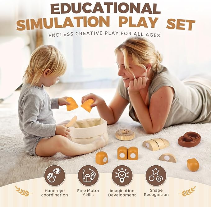 Wooden Play Food Bakery Toy Sets for Kids Kitchen Grocery Pretend Food Accessories Playsets for Toddler 1-3 Ages 4-8 Birthday Gift for Boys Girls Educational Toys