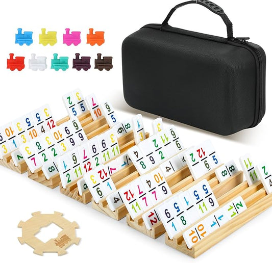 2-6 Players Mexican Train Dominoes Set with Numbers, 6 Wooden Racks, 91 Tiles, Portable Case, Dominos Set for Adults, Board Games for Adults, Valentines Day Gifts for Him Her Men Women Mom Dad