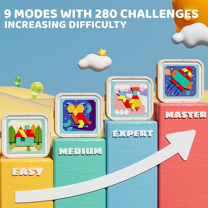 Wooden Magnetic Pattern Blocks Set with Cards, 288 PCS Montessori Tangram Puzzle Learning Toys for Toddlers 3-5, Educational STEM Gift for Kids Boys Girls 3 4 5 6