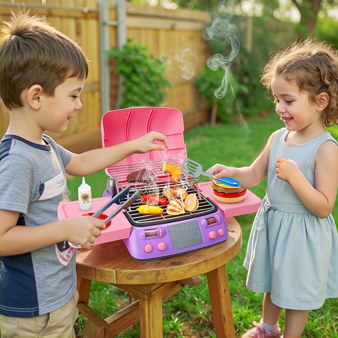 Kids BBQ Grill Playset Kitchen Toy Set with Pretend Smoke Sound Light Toddler Girls Pink Play Food Ages 2-4 3-5 4-8 Indoor Outdoor Cooking Barbecue Toys for 2 3 4 Year Old Girl Birthday Gift