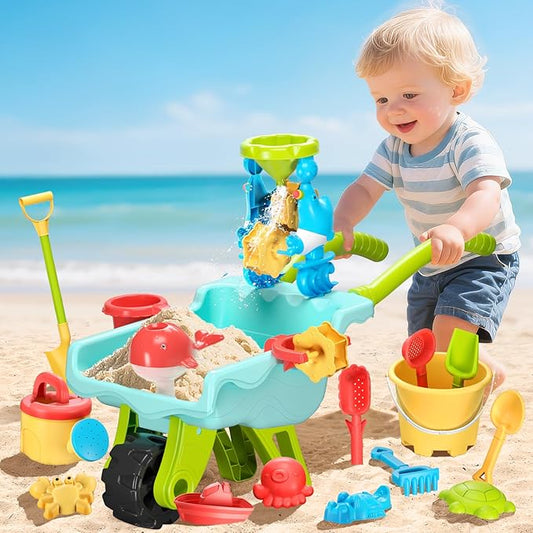Beach Sand Toys for Kids - Beach Toy Trolley Car with Shovel Tool Kit, Beach Bucket & Animal Molds - Summer Outdoor Gift Sensory Sand Toys for Boys Girls Toddlers 3-5