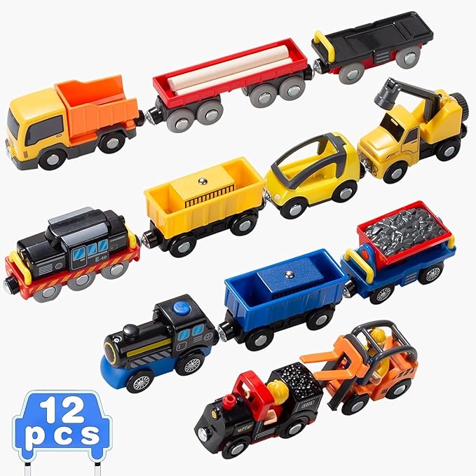 Giant bean 12Pcs Vehicles Battery Operated Train Car Set, Magnetic Mini Construction Set for Wooden Train Track, Bulk Car Toys for Toddlers Boys Girls Kids 3 4 5, Fits for Most Brands