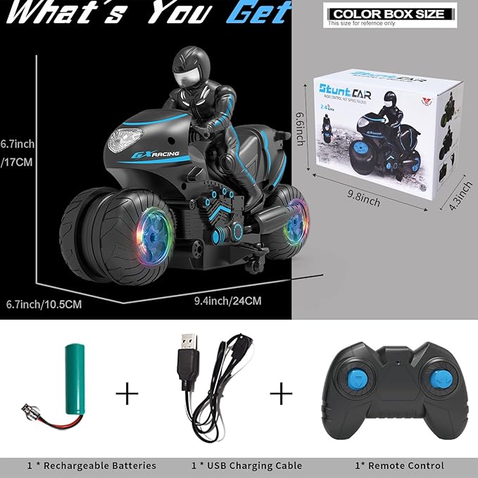 RC Motorcycle with LED Wheels, Remote Control Motorcycle 360° Spinning Wheels Stunt Motorbike - Rotating Drift 2WD High Speed Car Toys with Riding Figure - Gift for Kids Boys Girls - Blue
