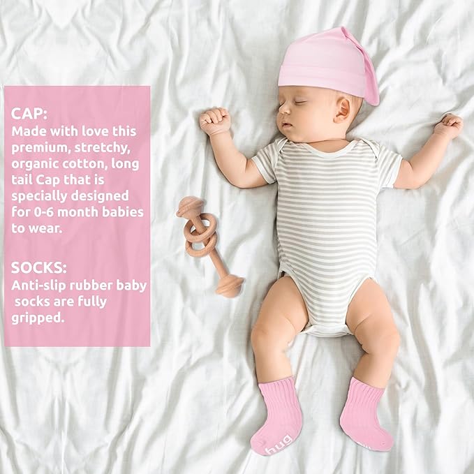 Newborn Baby Gift Set | Baby Gift Basket | Newborn Blanket, Wooden Teether, Security Blanket, Cap, Baby Bibs, Socks & Greeting Card (Pink)