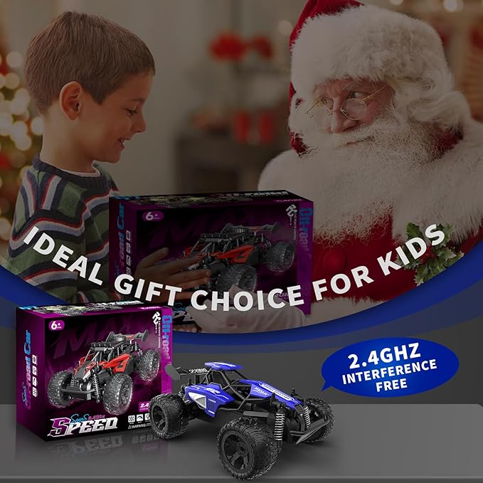 Carox 1:16 Scale RC Car for Kids, 2.4GHz High-Speed Electric Monster Truck, 20km/h, Dual 1000mAh Rechargeable Batteries, All-Terrain Tires, Shock Absorbing Suspension, Ideal Gift for Boys Aged 6-12