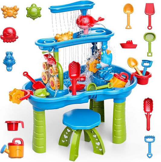 3-Tier Water Table for Kids Ages 3-5 4-8, Toddlers Outdoor Summer Water Table Beach Toys, Kids Activity Sensory Table Toddler Sand Box Play Table with Rain Showers Splash Pond for Boys Girls