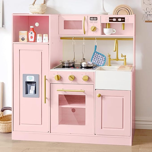 Kids Wooden Play Kitchen for Girls Pretend Toy Kitchen Playset with Real Lights and Sounds and 14 Pcs Fun Accessories, Toddler Pink Play Kitchen Set for Ages 3+