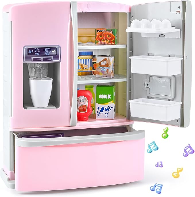 PLAY Kids Kitchen Refrigerator with Ice Dispenser, Pretend Kid Toy Fridge Kitchen Playset, Kitchen Appliance Accessories for Girl Boy Christmas Birthday Gift Age 3+, Pink