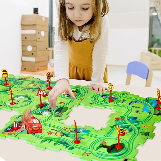 4 Year Old Boy Birthday Gift, Puzzle Racer Kids Car Track Set Puzzle Racer Car Track Set with Roadmap Puzzle Track Car Play Set Toys for 4 Year Old Boys (A-Land, Set1-25pcs)