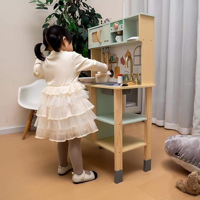 Garsing Play Kitchen for Kids Toddlers with Sounds, Wooden Kids Kitchen Playset with Realistic Features, Modern Toy Kitchen Sets with Storage and Accessories for Boys Girls, Age 3+, Green