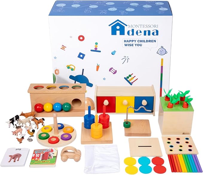 Adena Montessori Play Kit for 13-15 Month Baby,10 in 1 Wooden Learning Educational Toys for Toddler,Include Color Pegs&Rings,Object Permanence Ball Push and More,Christmas Birthday Gift for Boys Girl