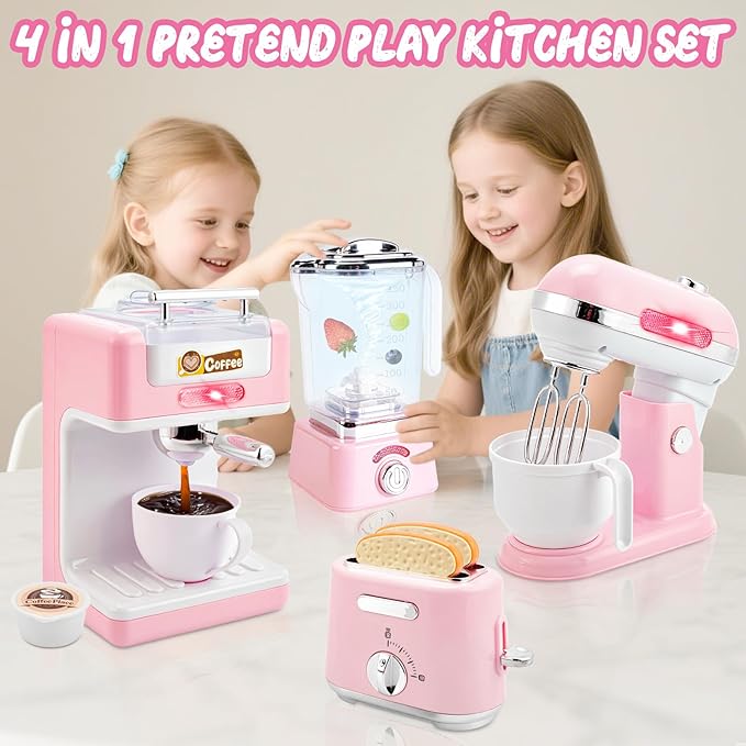 Play Kitchen Toys,Pretend Play Food Kitchen Accessories Girls Toy with Coffee Maker,Mixer,Toaster,Blender with Realistic Lights & Sounds,Birthday Gift for Kids Ages 3+(Pink)