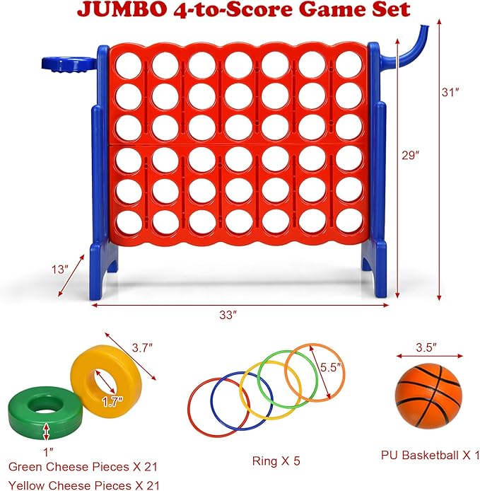 Costzon Giant 4-in-A-Row, Jumbo 4-to-Score Giant Game w/Basketball Hoop, Ring Toss, Quick-Release Slider, 42 Jumbo Rings, Indoor Outdoor Family Connect Game for Kids & Adults, Backyard Games, Blue