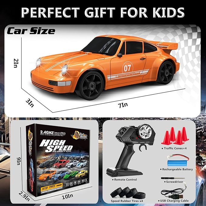 RC Drift Car 1:24 Remote Control Car 4WD 15KM/H High Speed Racing Sport Car with LED Lights RC Cars Toy Cars for Kids Boys Girls Adults Gifts Birthday Christmas Rechargeable Batteries