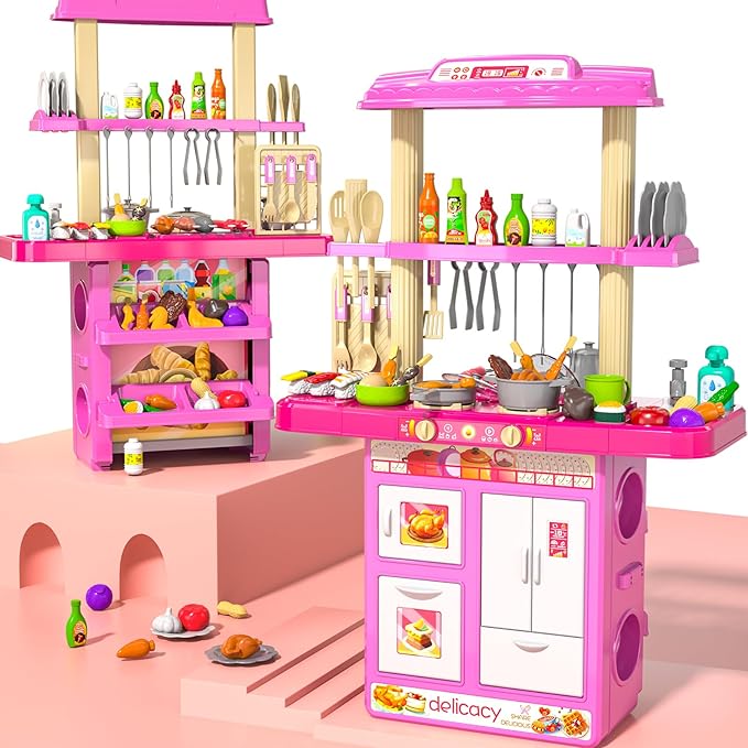 Pretend Play Kitchen Toys for Kid Age 3 4 5 6 7 - Double Sided Kitchen Appliance with Toy Accessories for Girls, Cooking Toys for Kids Ages 3, Gifts Toy for 3 4 5 6 Years Old Girls (Large)