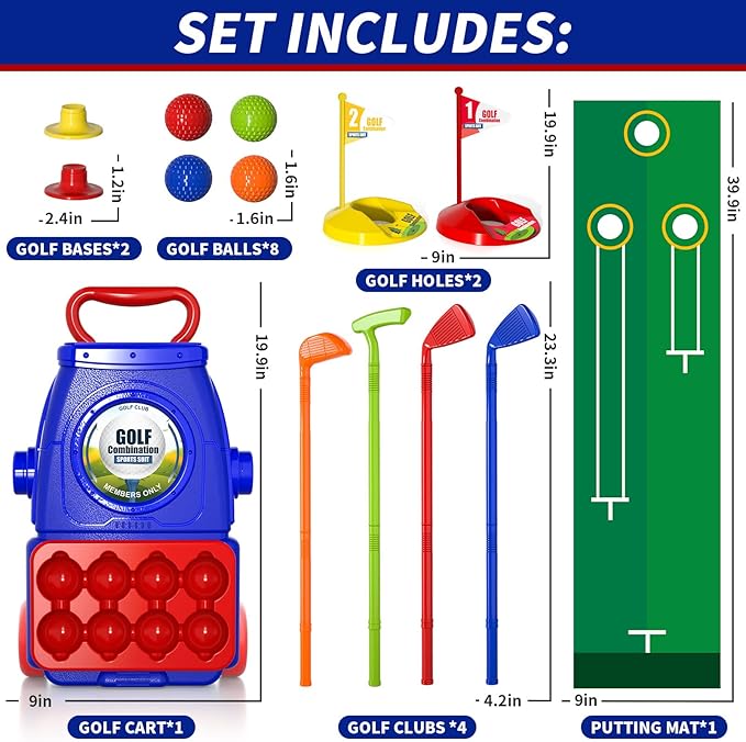 Bennol Toddler Golf Set Toys for Kids, Upgraded Kids Golf Cart Toys Sets with 4 Golf Sticks, 8 Balls and 1 Mat, Indoor & Outdoor Golf Toys for 3 4 5 6 Year Old Boys Girls Toddlers