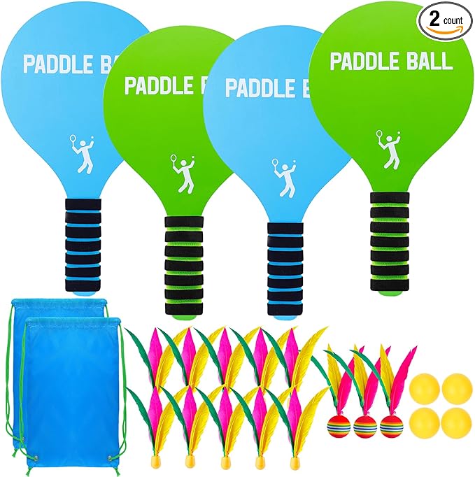 Beach Paddle Ball Set - Funny Paddleball Rackets Game, Outdoor Sports Toys for Kids Adults Family Games Beach Yard Lawn Party Supplies(4 Paddles, 13 Birdies, 4 Balls, 2 Drawstring Bags)