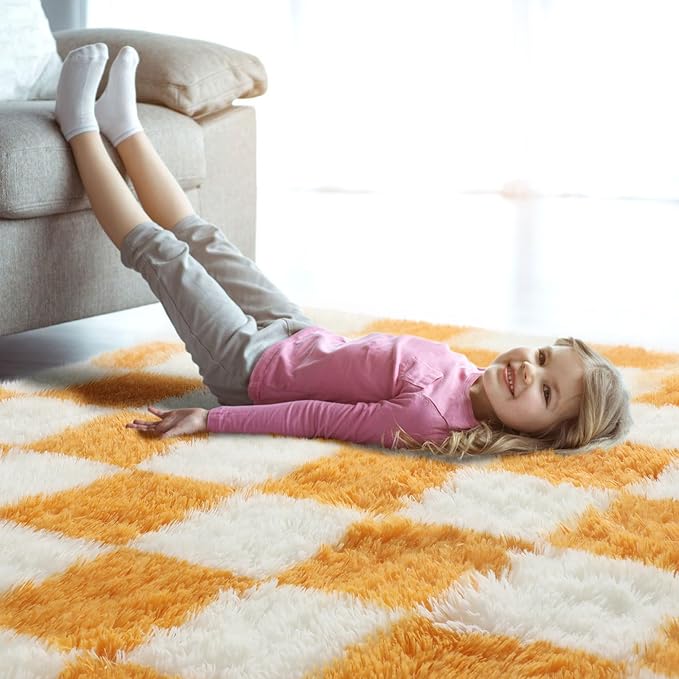 KICMOR 8x10 Area Rugs for Living Room, Large Fluffy Fuzzy Orange and Cream White Checkered Shag Rug Soft Plush Big Bedroom Carpet, Shaggy Floor Rugs for Kids Boys Girls Dorm Nursery Home Room Decor