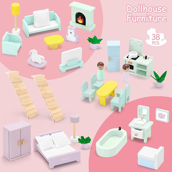 Wooden Dollhouse with 36Pcs Dollhouse Furniture Accessories, 7 Rooms Large Modern Doll House, Ideal Toy Gift for Girls Boys Toddlers Ages 3+