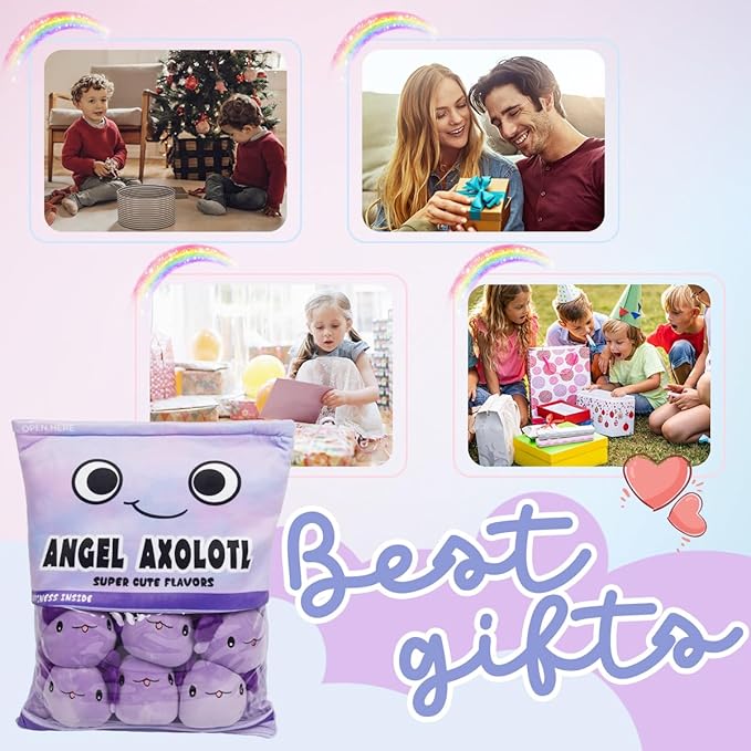 ARELUX Cute Axolotl Plush Pudding Pillow:Snack Pillow Toys Bag Removable Stuffed Animal 6Pcs Sets Creative Plush,Soft Purple Axolotl Plushie Animal Throw Pillow,Dolls Friends Family Member