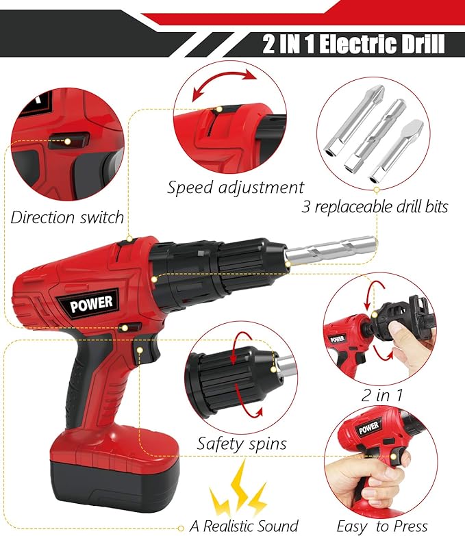 Kids Tool Set with Electric Toy Drill Chainsaw Jigsaw Toy Tools, Realistic Kids Power Construction Pretend Play Tools Set Toy STEM Playset Toddler Toys Kit for Toddler Boy Girl Kid Child Tool Set Toy