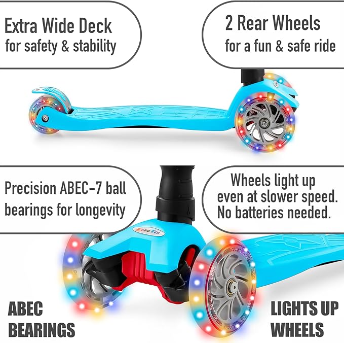 Scooters for Kids 3 Wheel Kick Scooter for Toddlers Girls & Boys, 4 Adjustable Height, Lean to Steer, Extra-Wide Deck, Light Up Wheels for Children from 3 to 14 Years Old