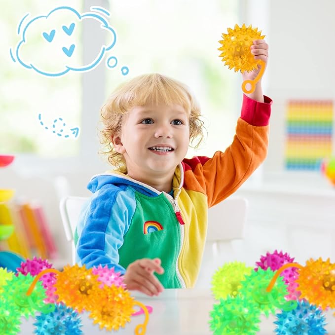 Sotiff 60 Pcs Light up Ball Spiky LED Bouncy Ball Flashing Squeaky Multicolor Puffer Toy Rubber Sensory Toy Carnival Prizes Bulk Party Favors for Teens, Adults, Children